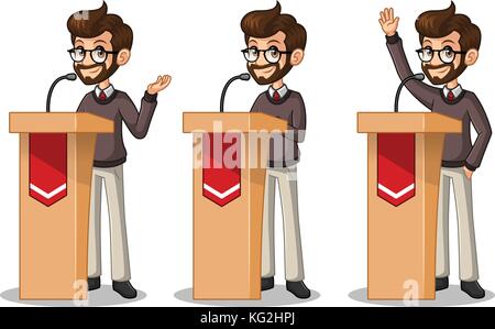 Set of hipster businessman cartoon character design politician orator public speaker giving a talk speech presentation standing behind rostrum podium, Stock Vector