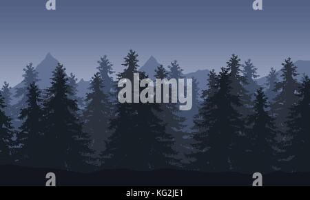 Vector illustration of a landscape with forest and mountains in the background under a gray night sky Stock Vector