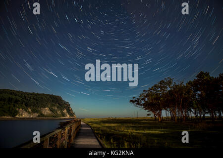 Star trails over a river with a path and a forest Stock Photo