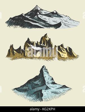 set of vintage, old engraving with mountains peaks in hand drawh sketch style different versions and colors Stock Vector