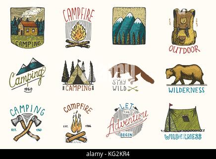 set of engraved vintage, hand drawn, old, labels or badges for camping, hiking, hunting with mountains, campfire and tent, axes. bear and backpack, wolf or red fox. Stock Vector