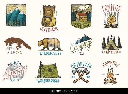 set of engraved vintage, hand drawn, old, labels or badges for camping, hiking, hunting with mountains, campfire and tent, axes. bear and backpack, wolf or red fox. Stock Vector