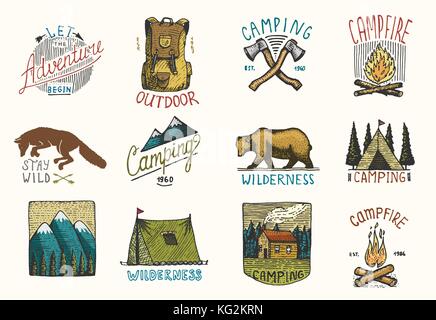set of engraved vintage, hand drawn, old, labels or badges for camping, hiking, hunting with mountains, campfire and tent, axes. bear and backpack, wolf or red fox. Stock Vector