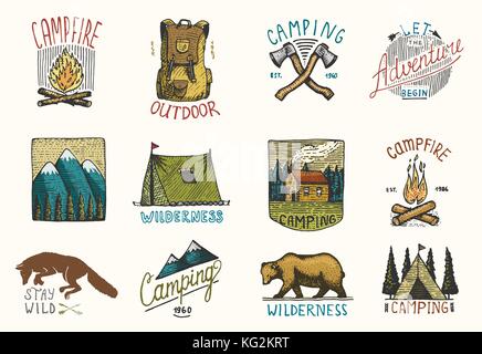 set of engraved vintage, hand drawn, old, labels or badges for camping, hiking, hunting with mountains, campfire and tent, axes. bear and backpack, wolf or red fox. Stock Vector