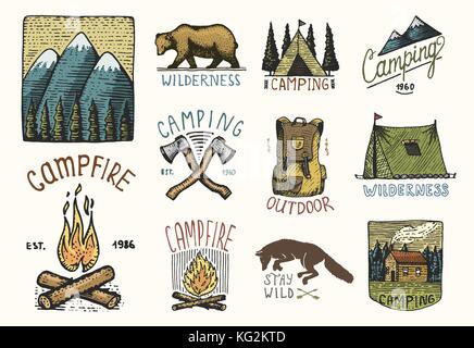 set of engraved vintage, hand drawn, old, labels or badges for camping, hiking, hunting with mountains, campfire and tent, axes. bear and backpack, wolf or red fox. Stock Vector