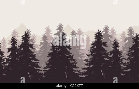 Vector illustration of a landscape with forest and mountains with fog in the background under a gray sky Stock Vector