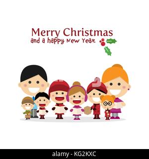 Cute family singing carols at Christmas Night. Vector illustration Stock Vector