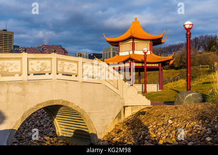 Chinese Pagoda, Chinese Garden, Louise McKinney Riverfront Park, Edmonton, Alberta, Canada Stock Photo