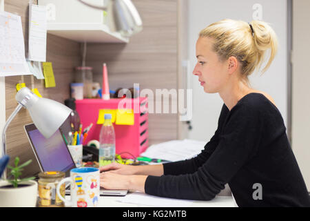 Female entrepreneur working on laptop in colorful modern creative working environment. Stock Photo
