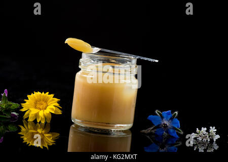 Raw organic royal jelly in a small bottle with litte spoon on small bottle on black background, France Stock Photo