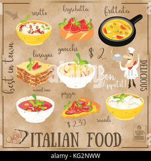 Italian Food Menu Card with Traditional Meal on Chalkboard Background. Italian Cuisine. Food Collection on Kraft Paper. Stock Photo