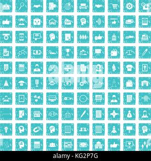 100 business strategy icons set grunge blue Stock Vector