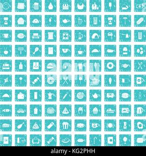 100 cafe icons set grunge blue Stock Vector