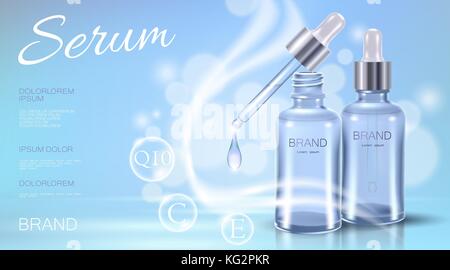 Realistic 3d cosmetic ad template. Light blue transparent glass essence bottle pipette oil vitamin bubble serum face care. Promotional poster template liquid water droplet vector illustration Stock Vector