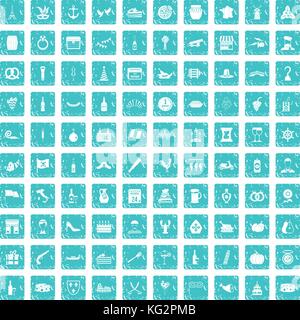100 alcohol icons set grunge blue Stock Vector