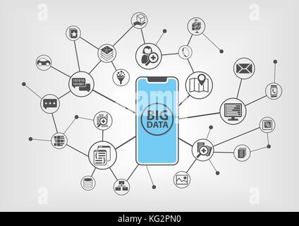 Big data concept with text displayed on frameless touchscreen of modern bezel free smartphone with various connected devices and data Stock Vector