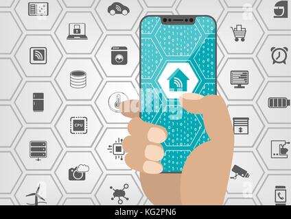 Smart home automation concept with house symbol displayed on frameless touchscreen of modern bezel free smartphone with various icons Stock Vector