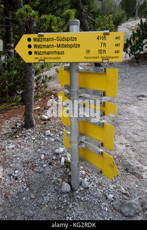 signpost towards Watzmann and Watzmannhaus refuge at Wimbachgries valley, Berchtesgaden national park, Bavaria, Germany Stock Photo
