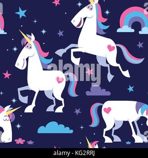 Seamless pattern with cartoon unicorn, stars, clouds and rainbow. Stock Vector