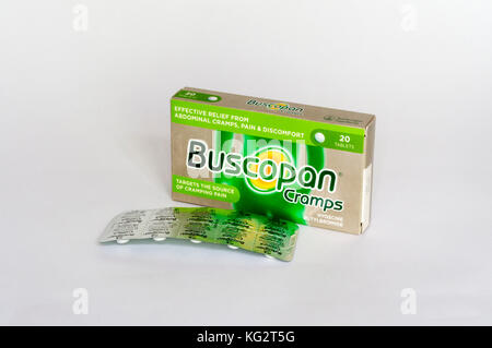 A packet of Buscopan tablets used for the treatment of abdominal cramp and relief from conditions such as Irritable Bowel Syndrome or IBS. Stock Photo