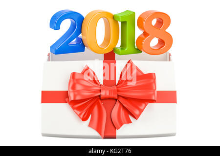New Year 2018 and Xmas concept. Gift Box with 2018, 3D rendering isolated on white background Stock Photo