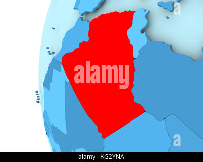 3D render of Algeria in red on blue political globe. 3D illustration. Stock Photo