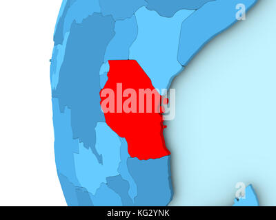 3D render of Tanzania in red on blue political globe. 3D illustration. Stock Photo