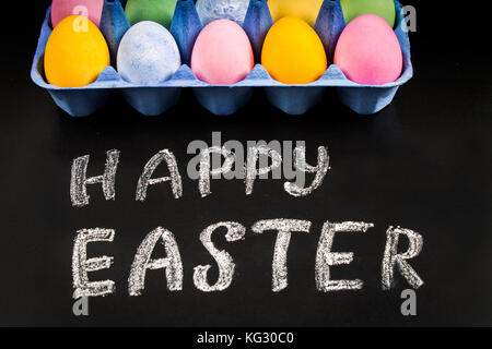 Chalkboard with the words Happy Easter and eggs. Stock Photo