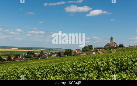 Church of Cuis and the  Champagne village Cuis with green vineyards in the Champagne district Cotes de Blancs, France. Stock Photo