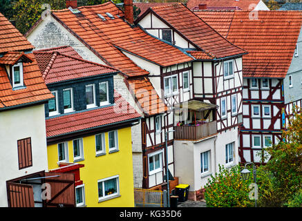 A row of historic houses in the old town of Schlitz Vogelsberg, Germany Stock Photo