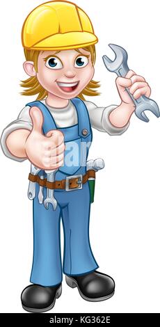Female Plumber Cartoon Character with Spanner Stock Vector