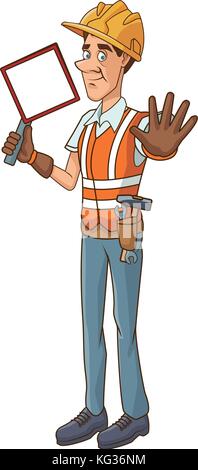 cartoon construction worker with safety vest and helmet over white ...