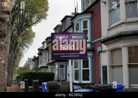 Purple Bricks sold sign, Houses in Nether Edge Sheffield UK
