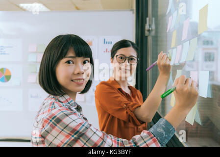 confident professional women designer team face to camera when they meeting on glass wall and using color pen writing note in sticky memo paper. Stock Photo