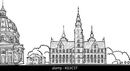 Copenhagen, Denmark famous Travel Sketch. Lineart drawing by hand. Greeting card design, vector illustration Stock Vector