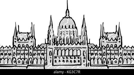 Budapest, Hungary famous Travel Sketch. Lineart drawing by hand. Greeting card design, vector illustration Stock Vector