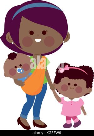 Mother holding her daughter’s hand and carrying her baby in a sling. Stock Vector