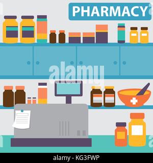 Pharmacy Shelves with Medicine Stock Vector - Illustration of concept,  healthcare: 106014912