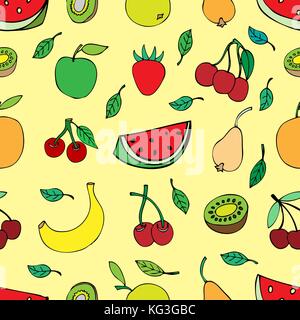 Seamless pattern with set of sweet fruits and berries. Apples, watermelon grapes bananas kiwi cherry. Food, fruit Seamless texture. Doodle, cartoon dr Stock Vector