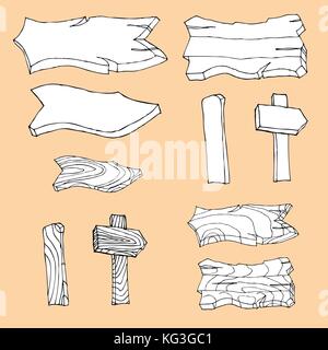 Set of wooden signposts. Hand-drawn Doodle. Vector illustration Stock Vector