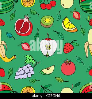 Seamless pattern with set of sweet fruits and berries. Apples watermelon grapes bananas kiwi cherry. Food, fruit. Seamless texture. Doodle, cartoon dr Stock Vector