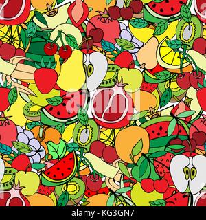 Seamless pattern with set of sweet fruits and berries. Apples, watermelon grapes bananas kiwi cherry. Food, fruit. Seamless texture. Doodle, cartoon d Stock Vector