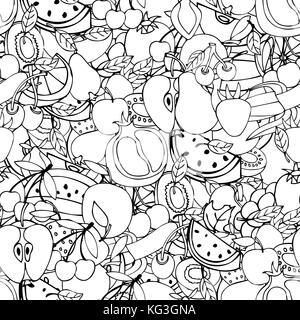 Seamless pattern with set of sweet fruits and berries. Apples, watermelon grapes bananas kiwi cherry. Food, fruit. Seamless texture. Doodle, cartoon d Stock Vector