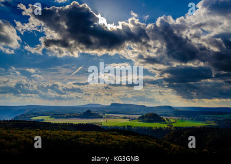 Panoramic landscape with the river Elbe valley and the mountains Kaiserkrone, Zirkelstein and Zschirnstein Stock Photo