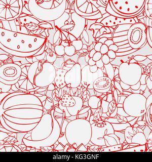 Seamless pattern with set of sweet fruits and berries. Apples, watermelon grapes bananas kiwi cherry. Food, fruit. Seamless texture. Doodle, cartoon d Stock Vector