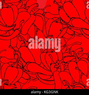 Seamless pattern with Sweet and hot peppers, bell peppers on a white background. Food, vegetables. Seamless texture. Doodle, cartoon drawing. Vector i Stock Vector
