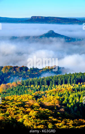 Landscape with the fog covered river Elbe valley, colorful trees and the mountains Zirkelstein and Zschirnstein at sunrise Stock Photo