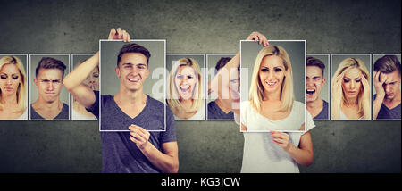 Balanced relationship concept. Masked woman and man expressing different emotions Stock Photo