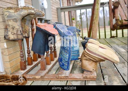 Boots on drying rack outside farmhouse at Wise Acres Organic Farm, a U-pick strawberry agriculture operation in Indian Trail, North Carolina, USA Stock Photo