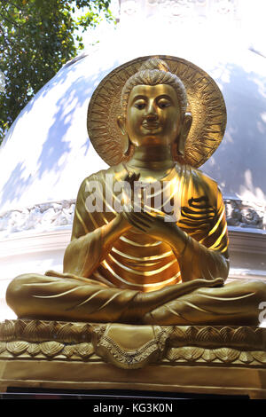Colombo Sri Lanka Slave Island Gangaramaya Temple Gold Buddha Statue with the Dharmachakra Mudra and seated in the Padmasana Position Stock Photo